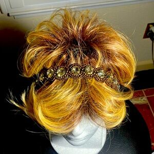 🤎💎Pink Pewter Glitzy Headband W/Large Beautiful Gems & Brown Beading O/S